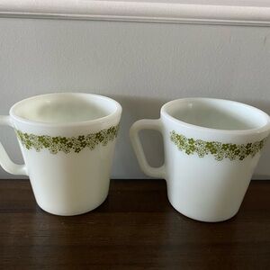 Pyrex Vintage Green Daisy Milk Glass Mugs